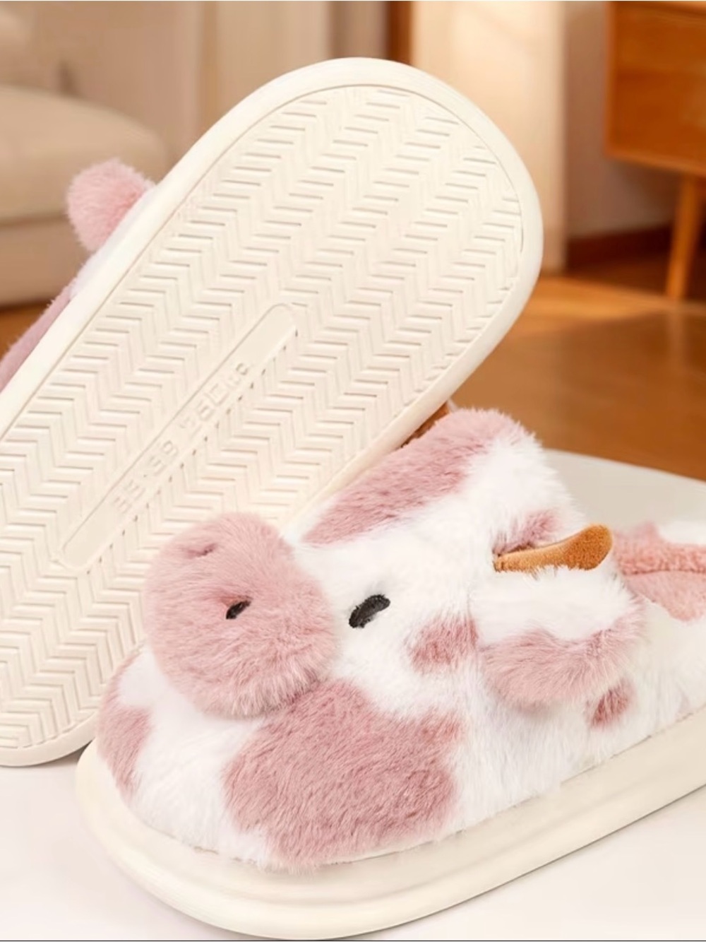 Plush Pink & White Cow Slippers New Boutique - Picture 3 of 4